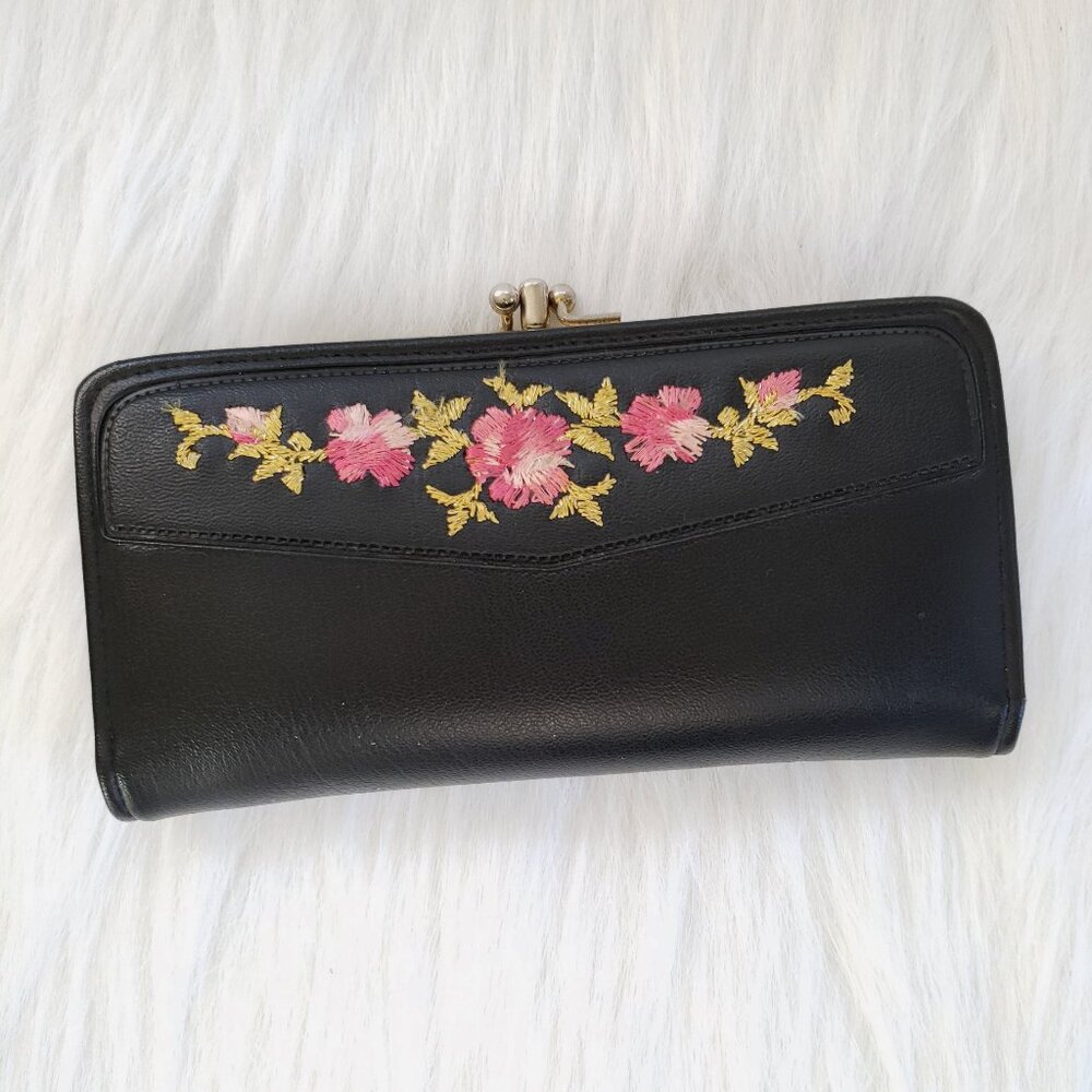 Vintage Black Wallet with Pink and Gold Floral Design